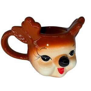 Kitsch Female Reindeer Coffe Tea Mug Ceramic Figural Face Cup Christmas Deer 15z
